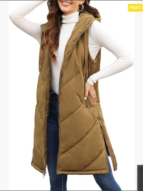 Jackets & Blazers - Long Puffer Vest Sleeveless Hooded Quilted Winter Outerwear Zip Up Pockets